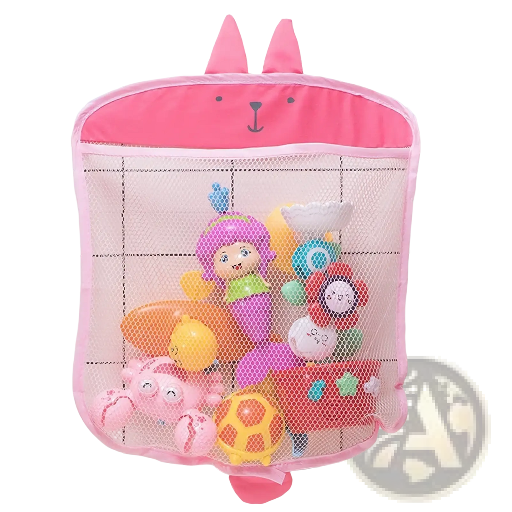 Pink bunny-shaped mesh bath toy storage bag with suction cups for bathroom organization and drying
