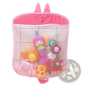 Pink bunny-shaped mesh bath toy storage bag with suction cups for bathroom organization and drying