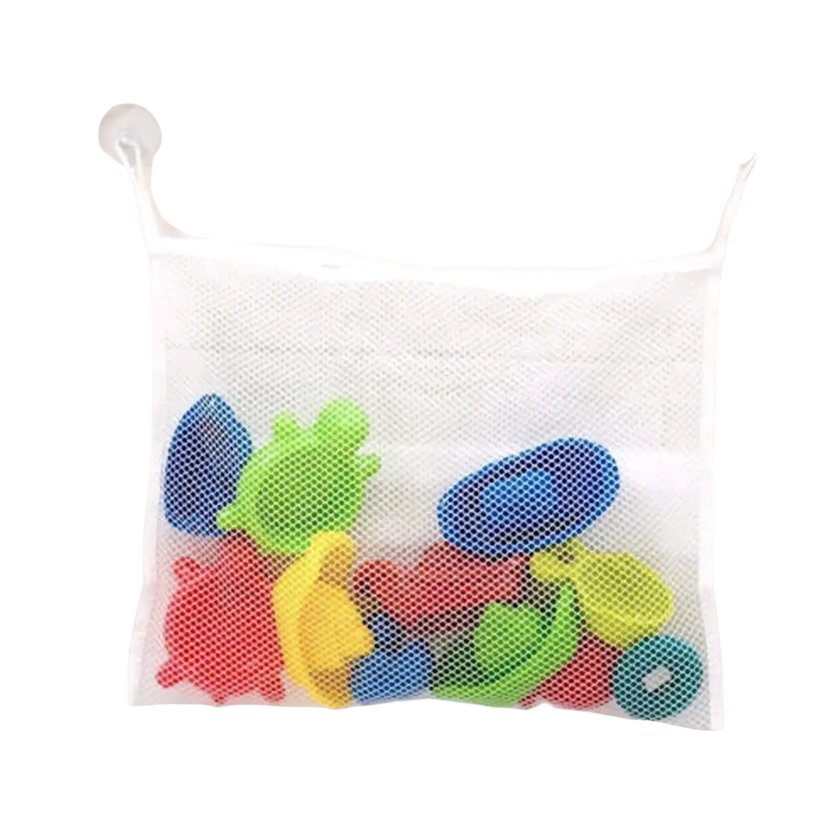 White mesh bath toy storage bag with suction cups holding colorful plastic toys for bathroom organization
