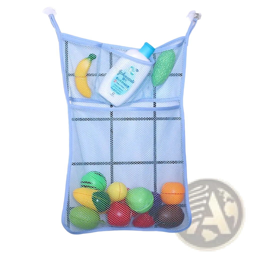 Light blue mesh bath toy storage bag with multiple compartments and clear suction cups for wall mounting