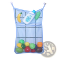 Light blue mesh bath toy storage bag with multiple compartments and clear suction cups for wall mounting