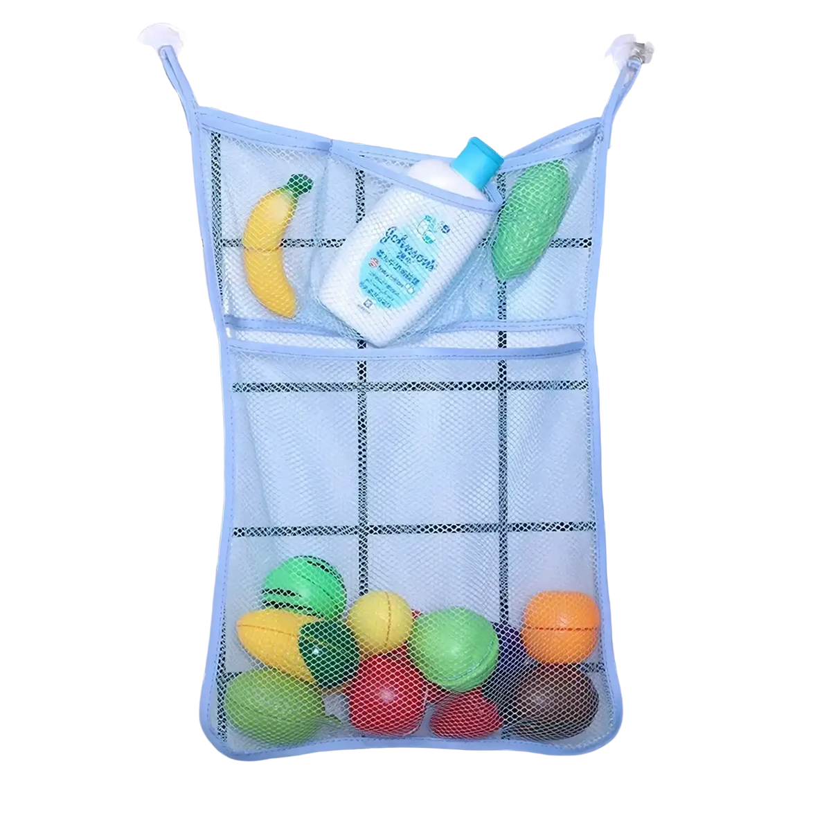 Light blue mesh bath toy storage bag with suction cups holding baby items and colorful plastic toys for toy storage
