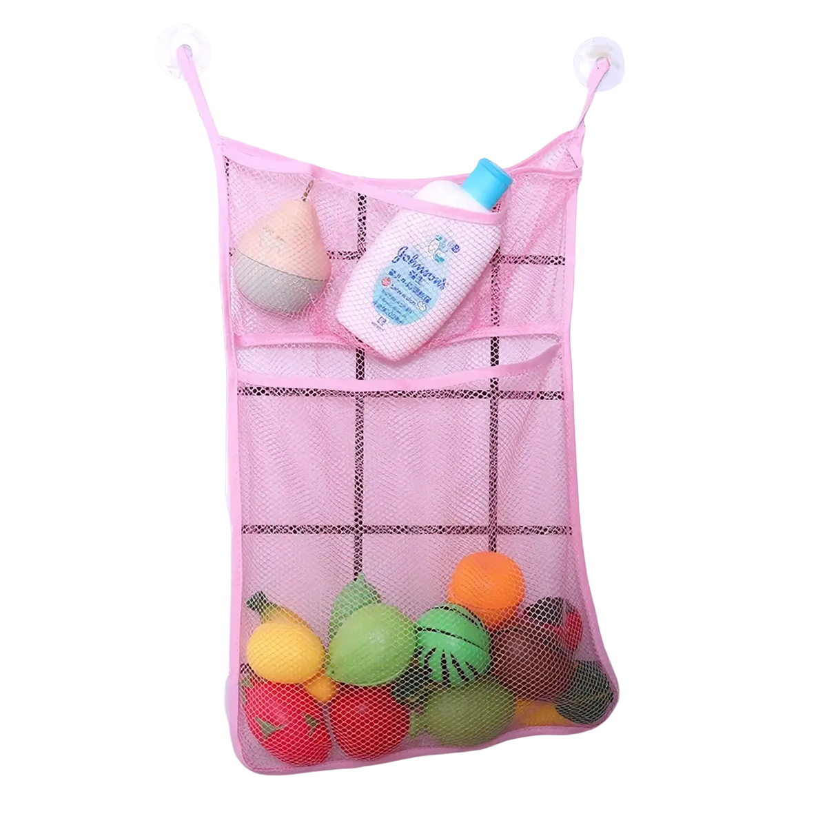 Pink mesh bath toy storage bag with suction cups featuring multiple compartments holding baby items and toy fruits