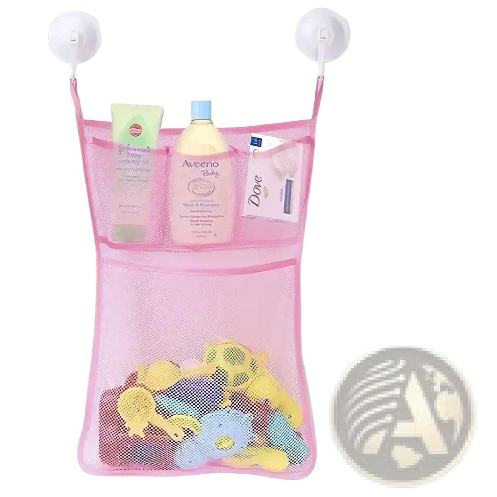Pink mesh bath toy storage bag with suction cups features multiple compartments holding baby products and toys
