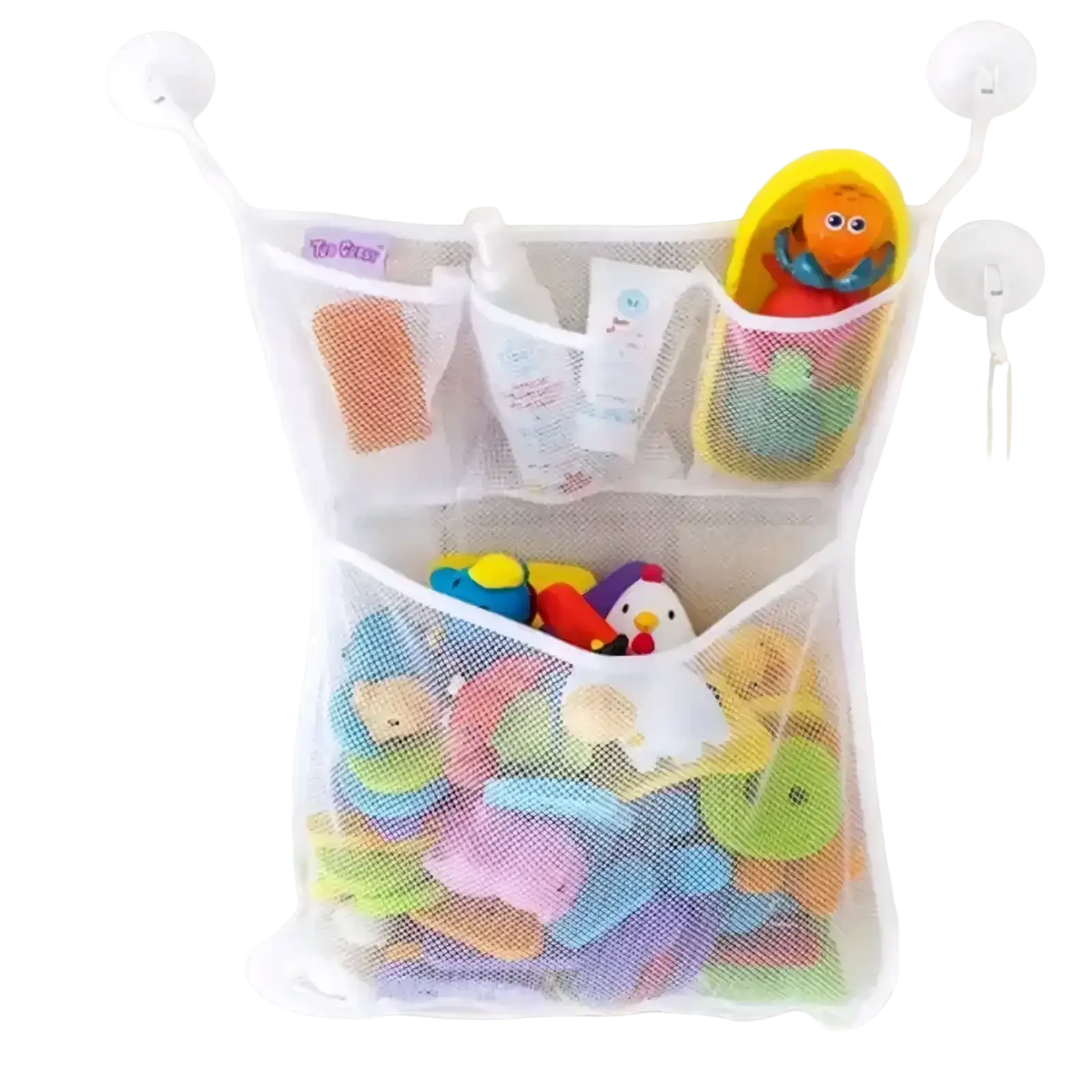 White mesh bath toy storage bag with three compartments and suction cups for wall mounting and toy storage