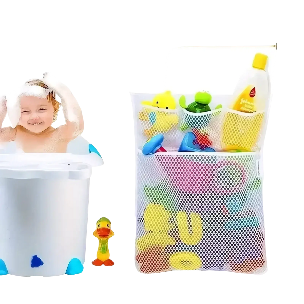 White mesh bath toy storage bag with suction cups holding colorful rubber toys and a bottle of baby shampoo
