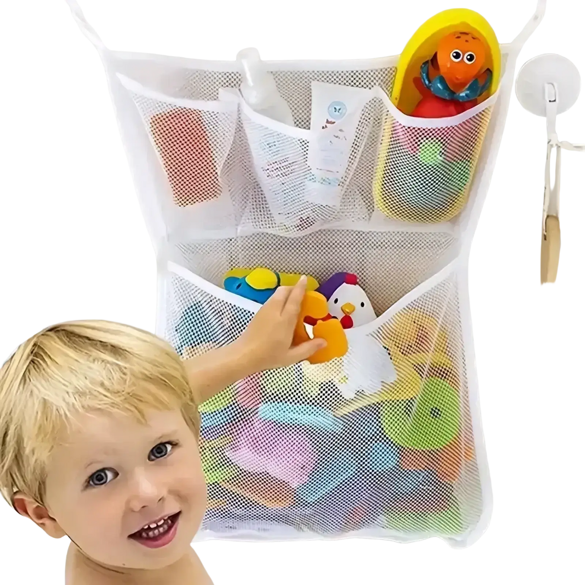White mesh bath toy storage bag with suction cups holding colorful rubber toys for organized toy storage
