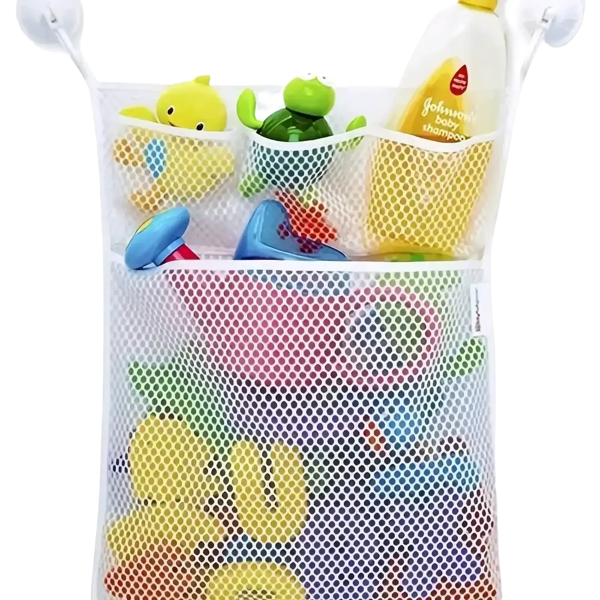 White mesh bath toy storage bag with suction cups holding colorful bath toys and baby shampoo for organized toy storage