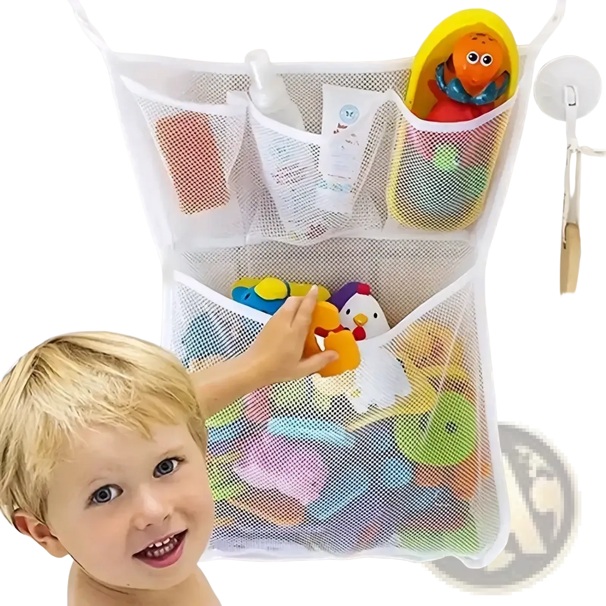 White mesh bath toy storage bag with suction cups and multiple compartments holding colorful rubber toys and yellow duck container