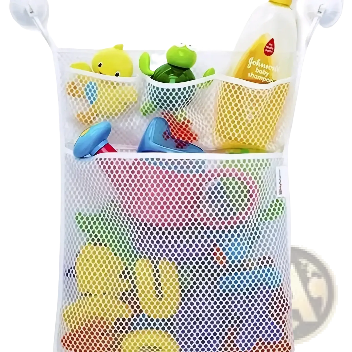 White mesh bath toy storage bag with suction cups holding colorful baby toys and a bottle of Johnsons baby shampoo