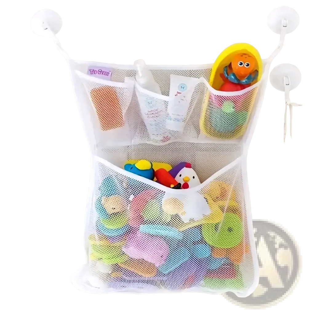 White mesh bath toy storage bag with suction cups holding colorful rubber toys and toiletries in multiple compartments