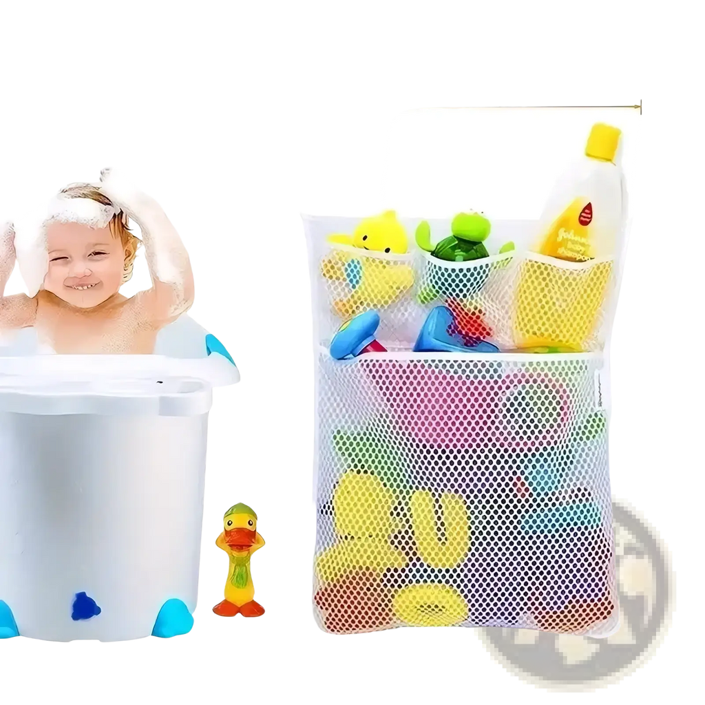 White mesh bath toy storage bag with suction cups holding colorful rubber ducks and shampoo bottle in compartments