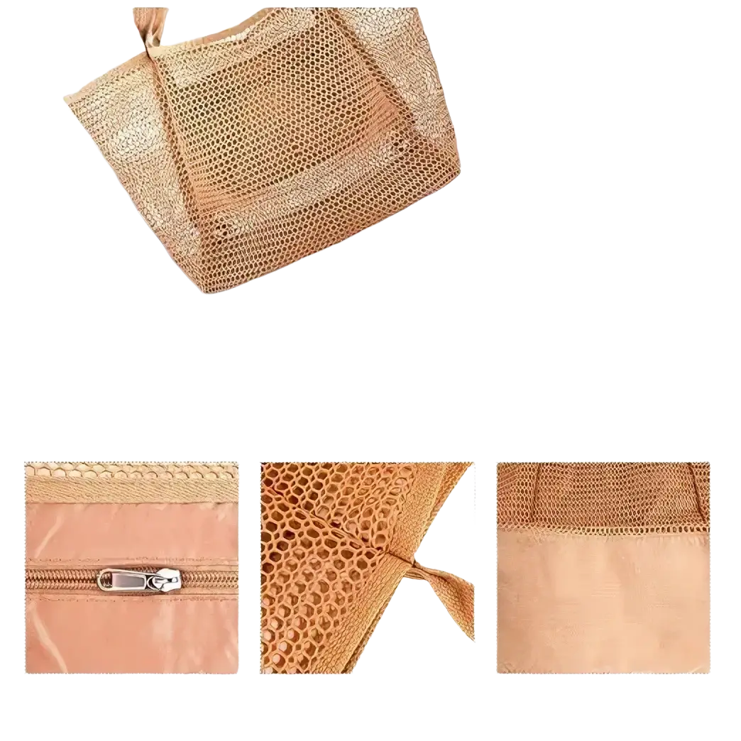 Beige mesh beach tote bag for women with durable zipper fine stitching and solid bottom sandproof travel handbag