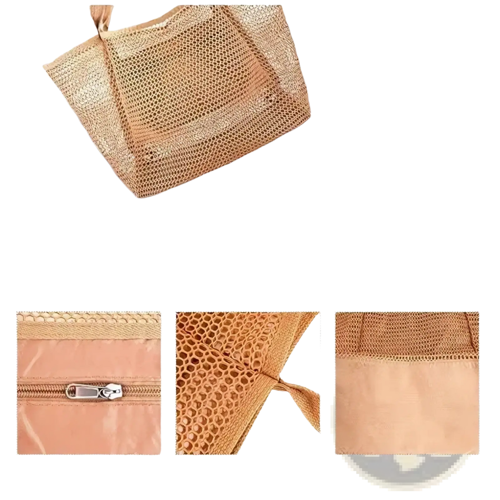 Beige mesh beach tote bag for women with durable zipper fine stitching and solid bottom sandproof travel handbag