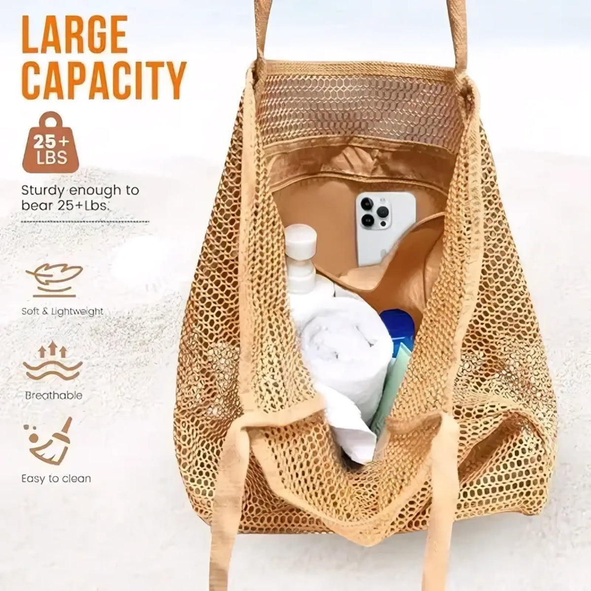 Beige mesh beach tote bag for women with sturdy handles and a spacious sandproof travel handbag interior