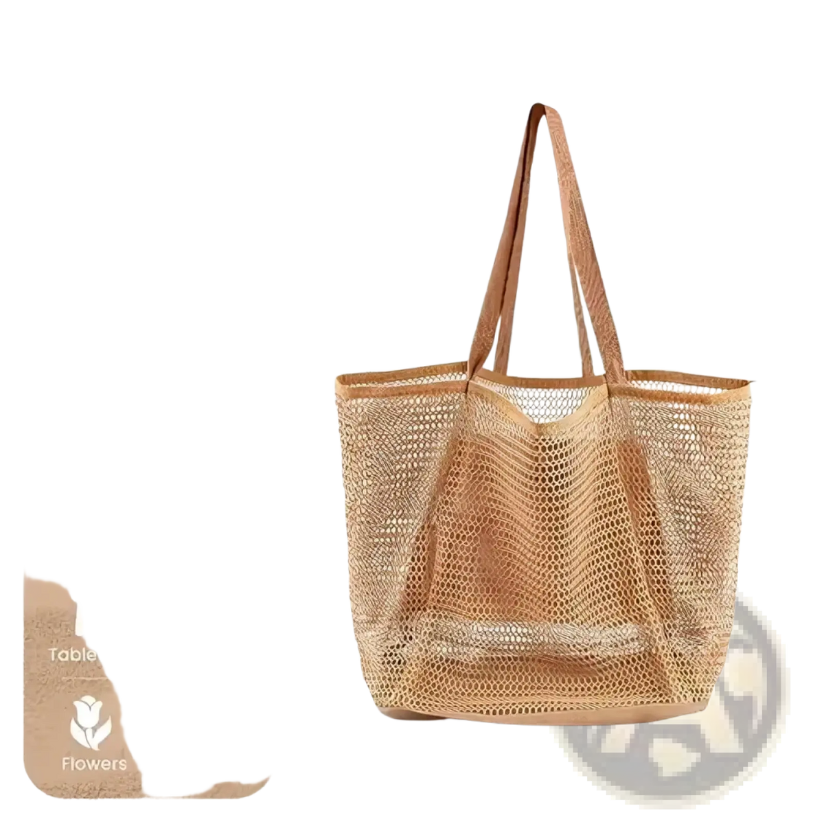 Beige woven mesh beach tote bag with sturdy handles and spacious open design for sandproof travel use