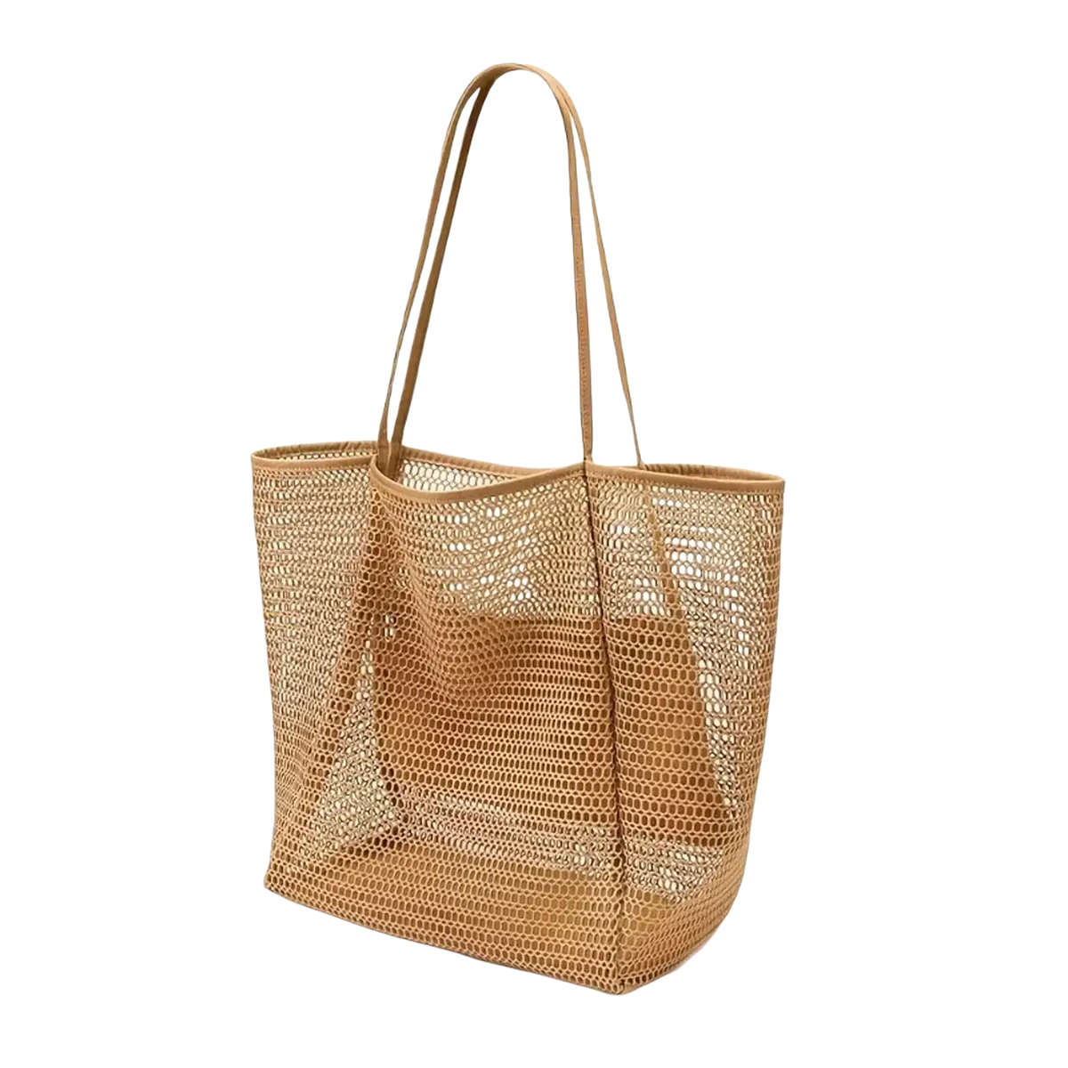 Beige woven mesh beach tote bag for women with matching leather handles sandproof and ideal for travel