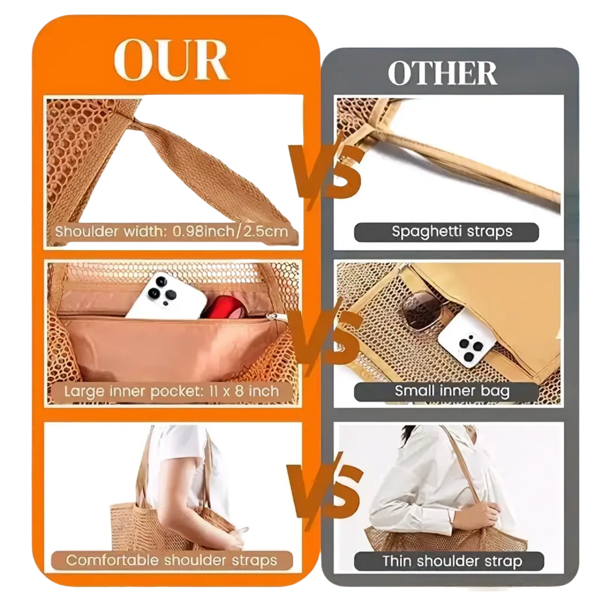 Beige woven mesh beach tote bag for women with large inner pocket and comfortable wide straps for sandproof travel