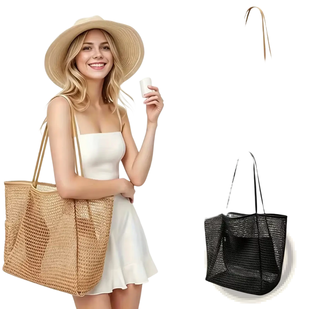 Beige woven straw mesh beach tote bag for women with matching handles and spacious open-top sandproof design