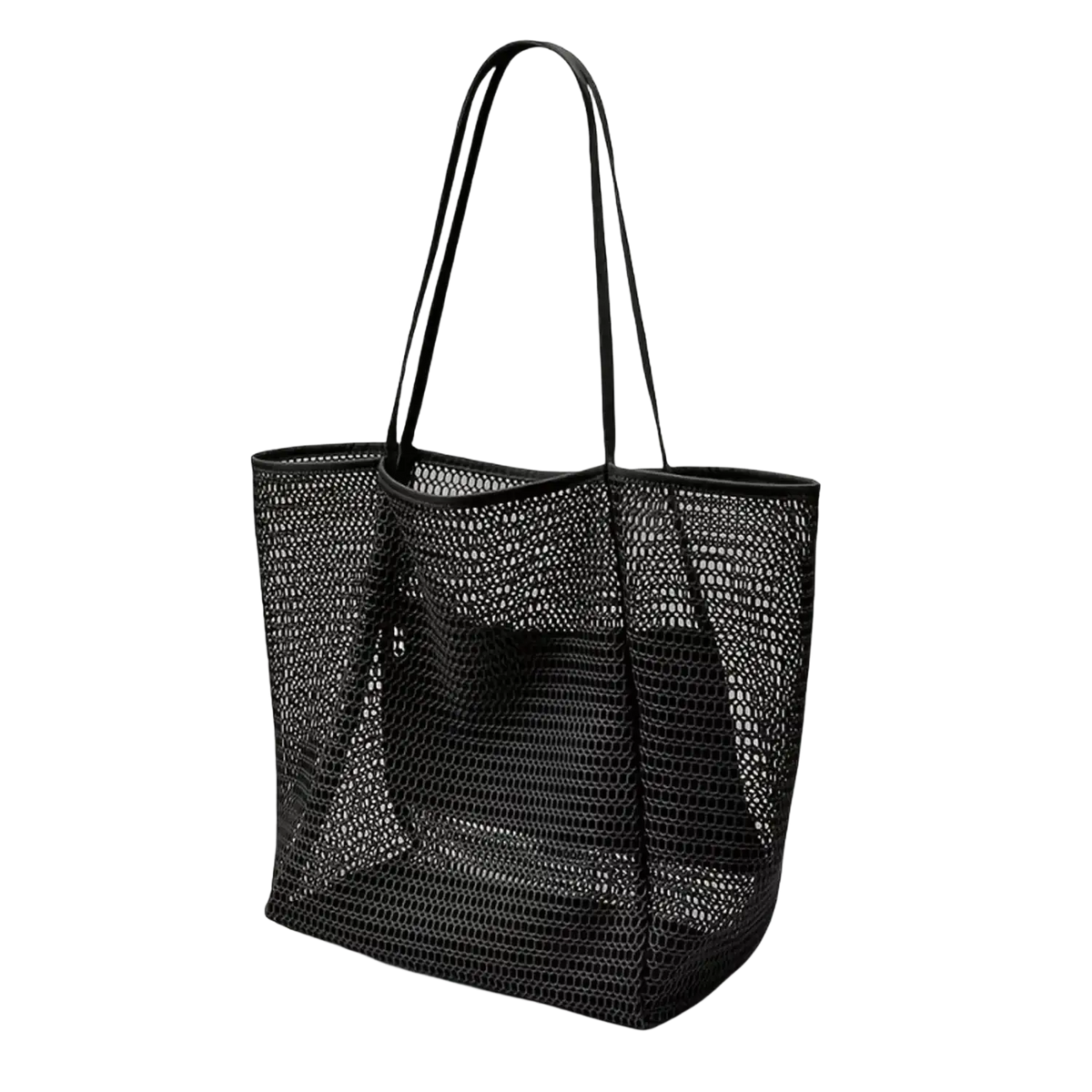 Black mesh beach tote bag for women with sleek slender handles and sandproof design for travel use