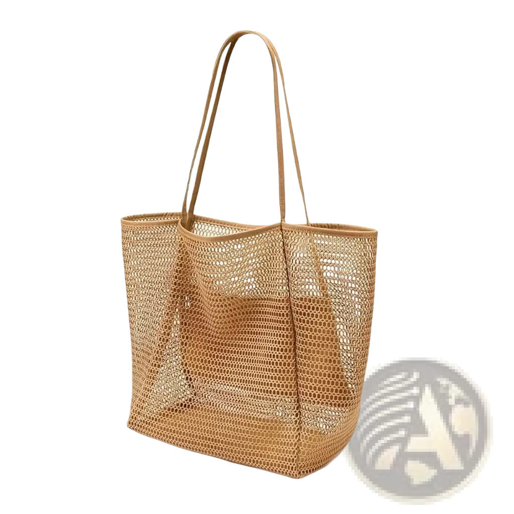 Beige woven mesh beach tote bag for women with matching leather handles sandproof and ideal for travel