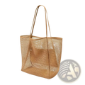 Beige woven mesh beach tote bag for women with matching leather handles sandproof and ideal for travel