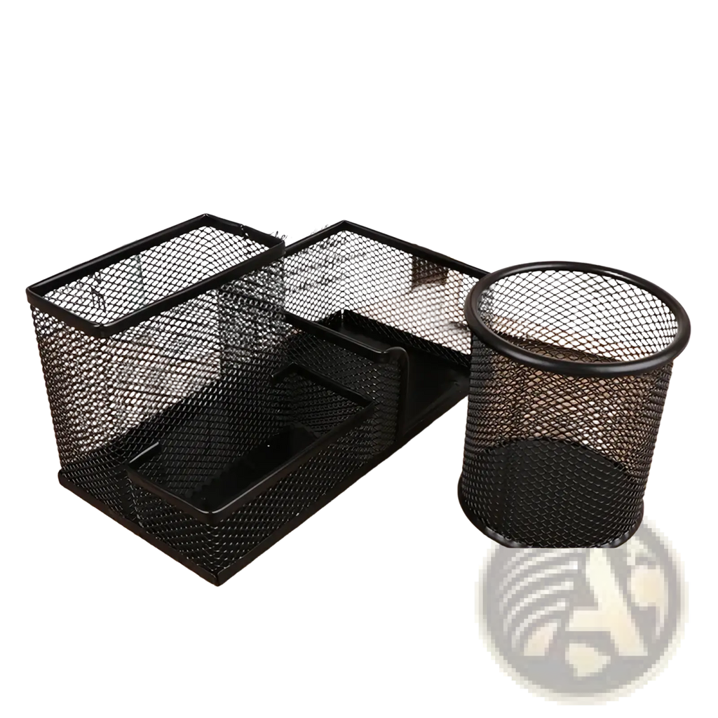Black mesh metal desk organizer with multiple compartments and cylindrical pen holder for pen and file storage