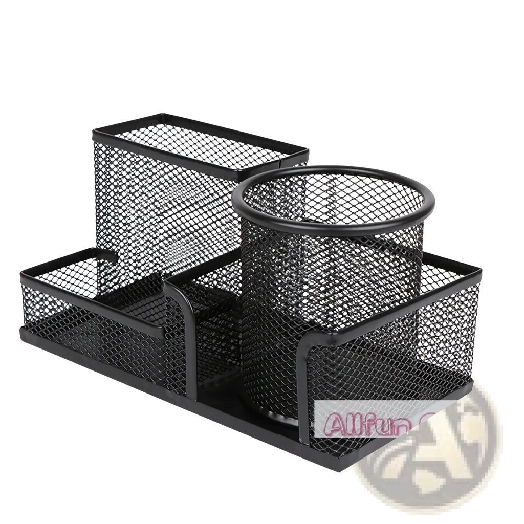 Black metal mesh desk organizer with rectangular and cylindrical compartments for pen and file storage