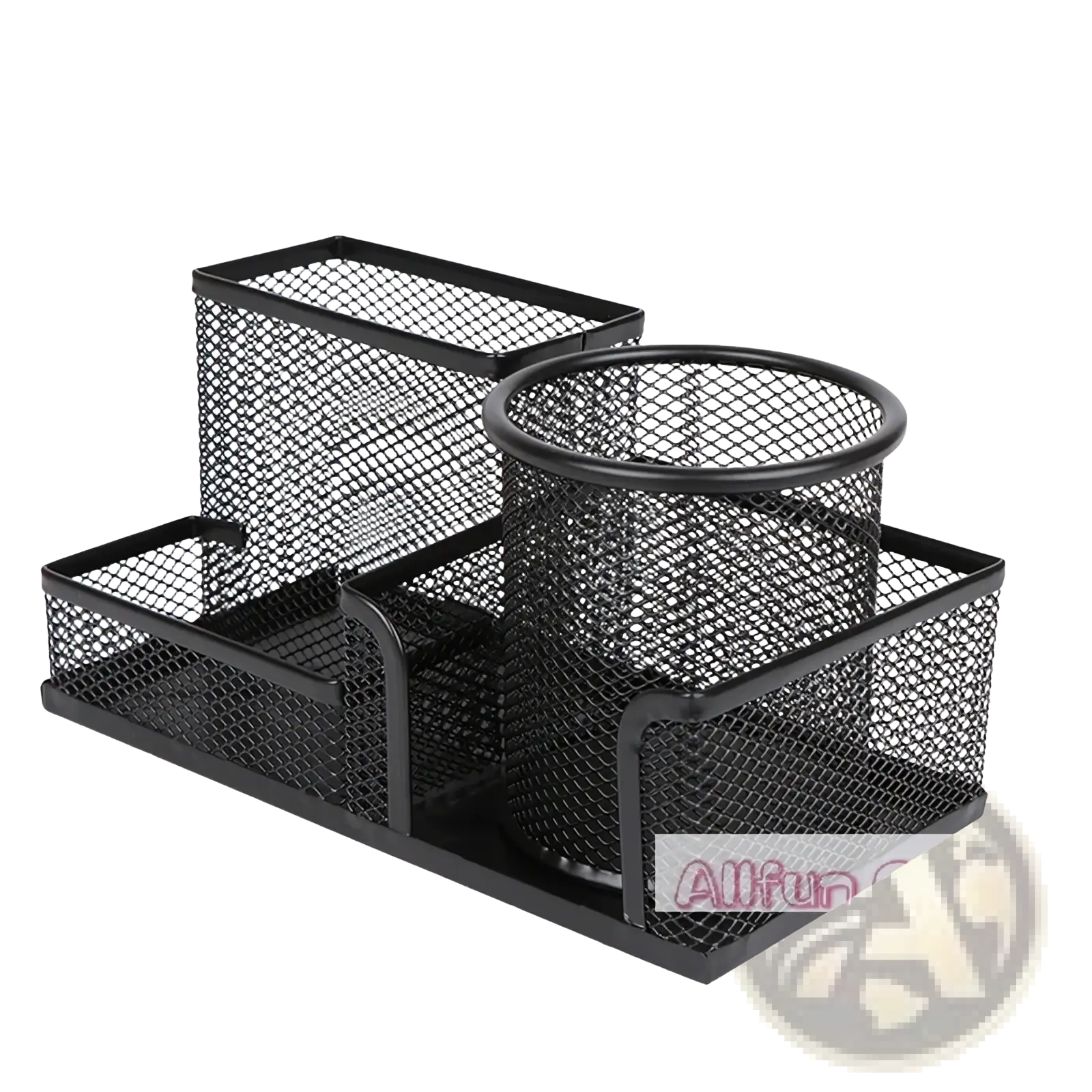 Black metal mesh desk organizer with rectangular and cylindrical compartments for pen and file storage