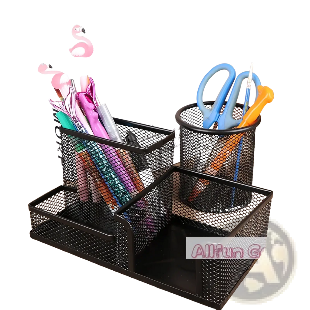 Black mesh metal desk organizer with three compartments holding pens scissors and brushes for file storage and organization