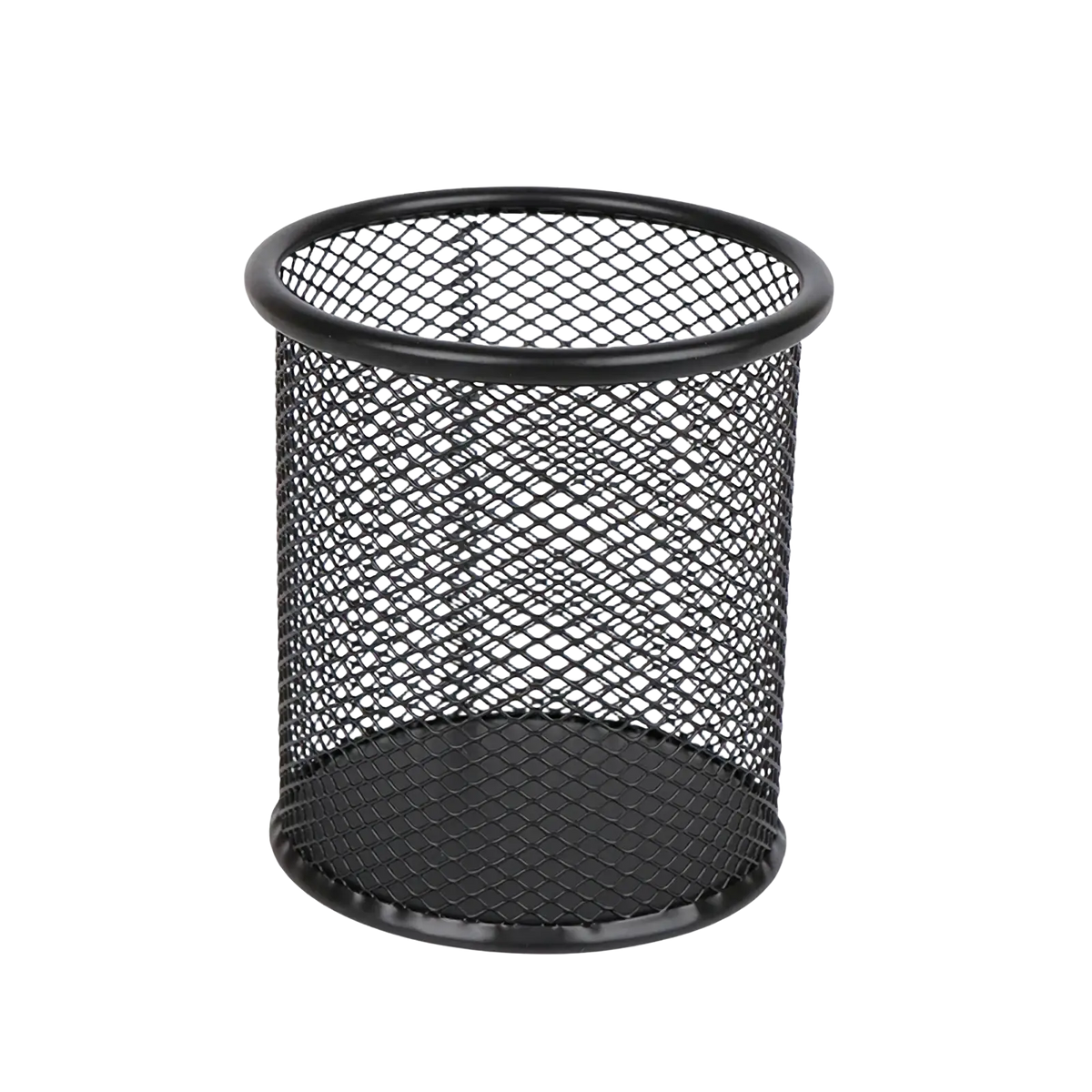 Black metal mesh cylindrical pen holder with reinforced rim for desk organization and file storage