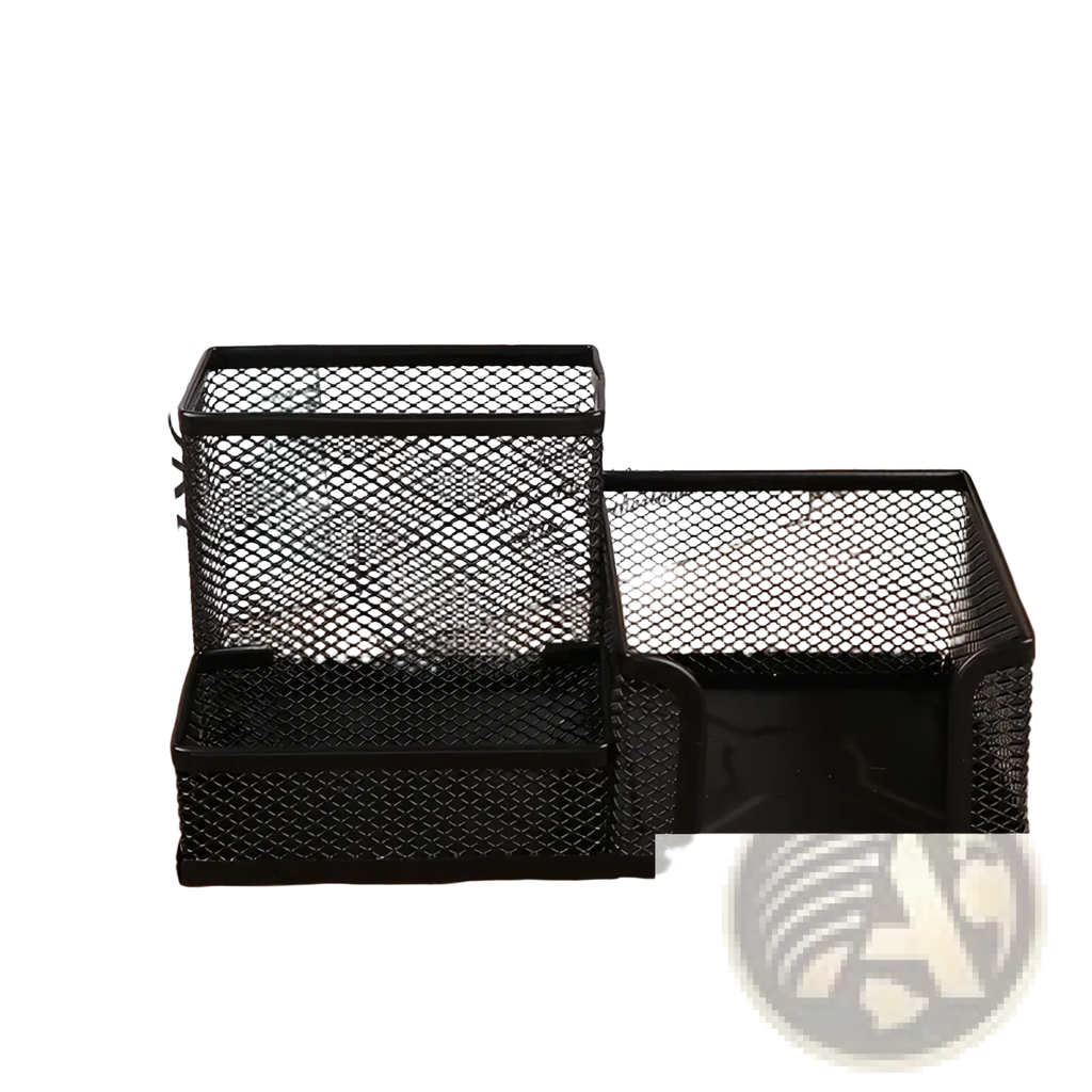 Black mesh metal desk organizer with two compartments for pen and file storage holder on a white background