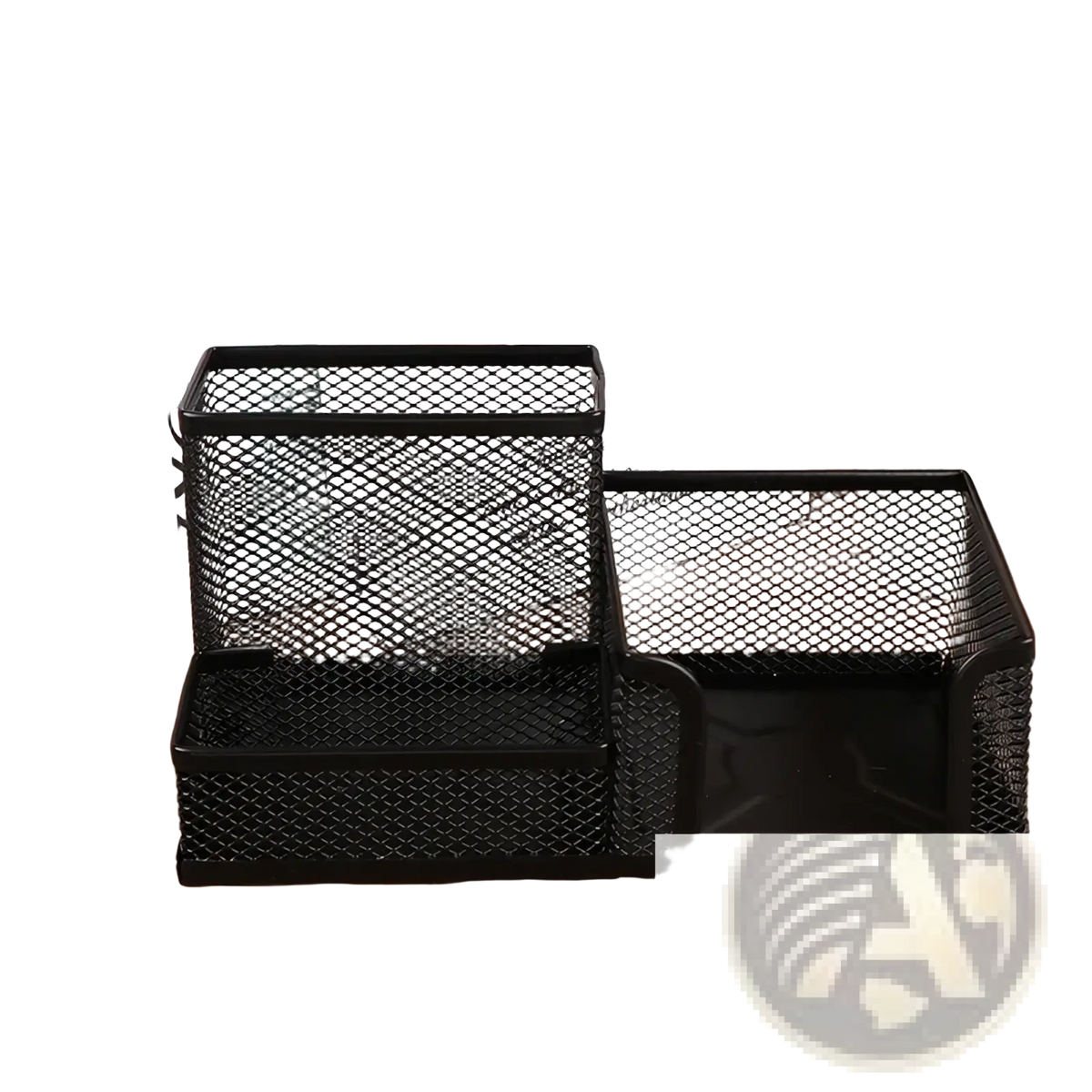 Black mesh metal desk organizer with two compartments for pen and file storage holder on a white background