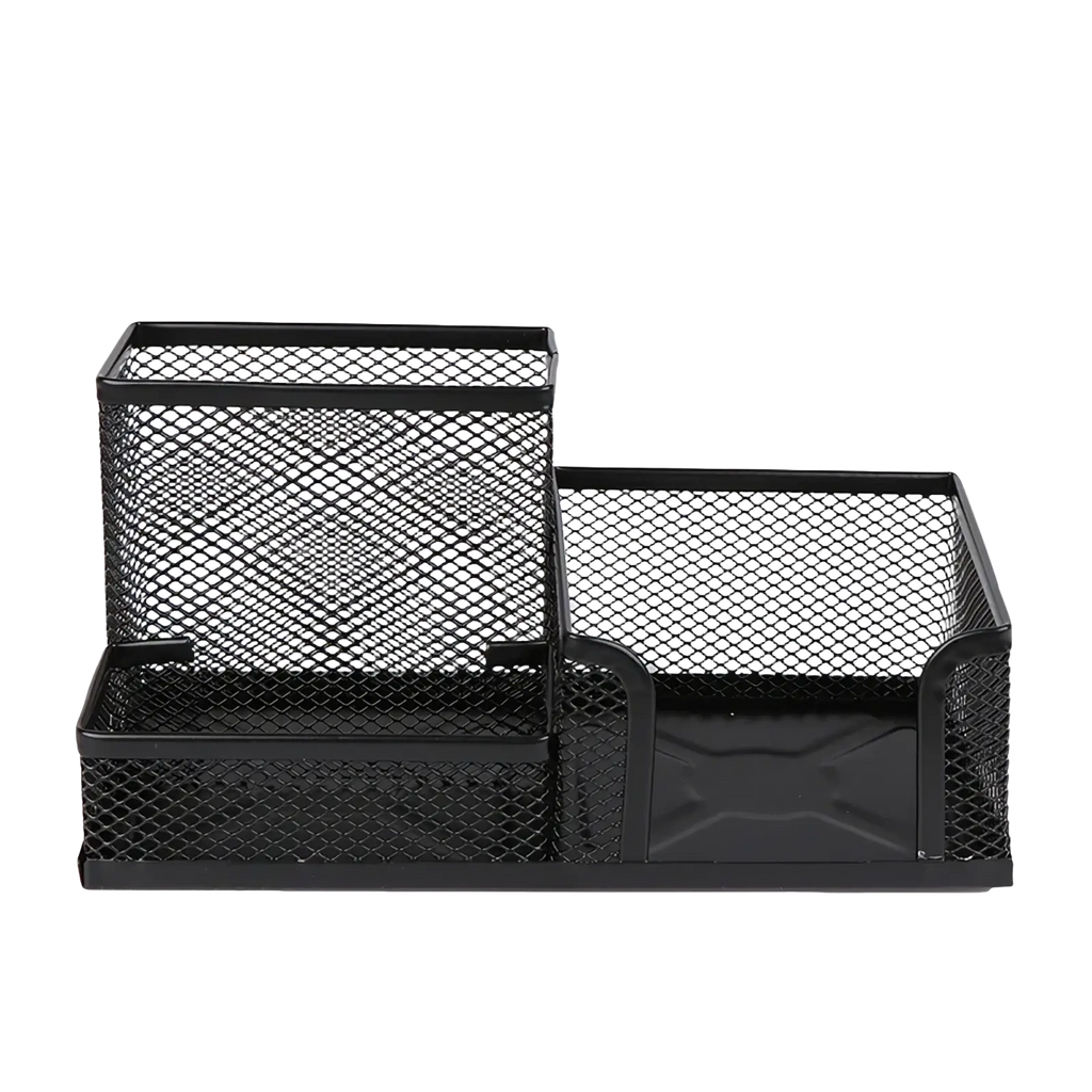 Black mesh metal desk organizer with three compartments for pen and file storage holder