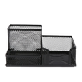 Black mesh metal desk organizer with three compartments for pen and file storage holder