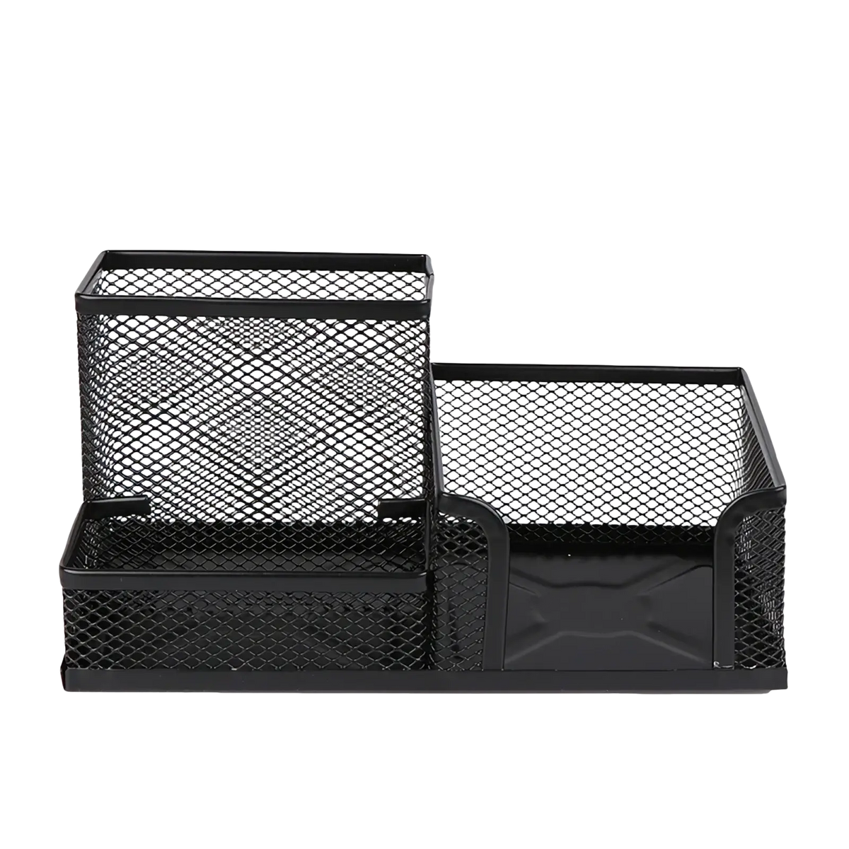 Black mesh metal desk organizer with three compartments for pen and file storage holder