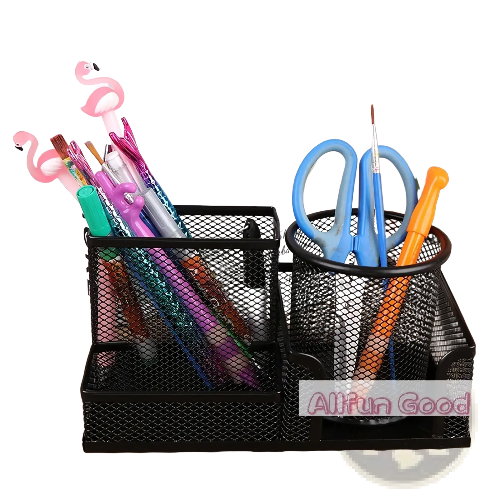 Black mesh metal desk organizer with multiple compartments holding pens scissors and brushes for office storage