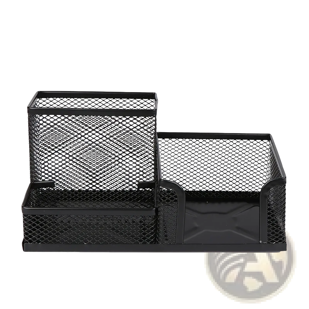 Black mesh metal desk organizer with three compartments for pen and file storage holder