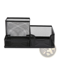 Black mesh metal desk organizer with three compartments for pen and file storage holder