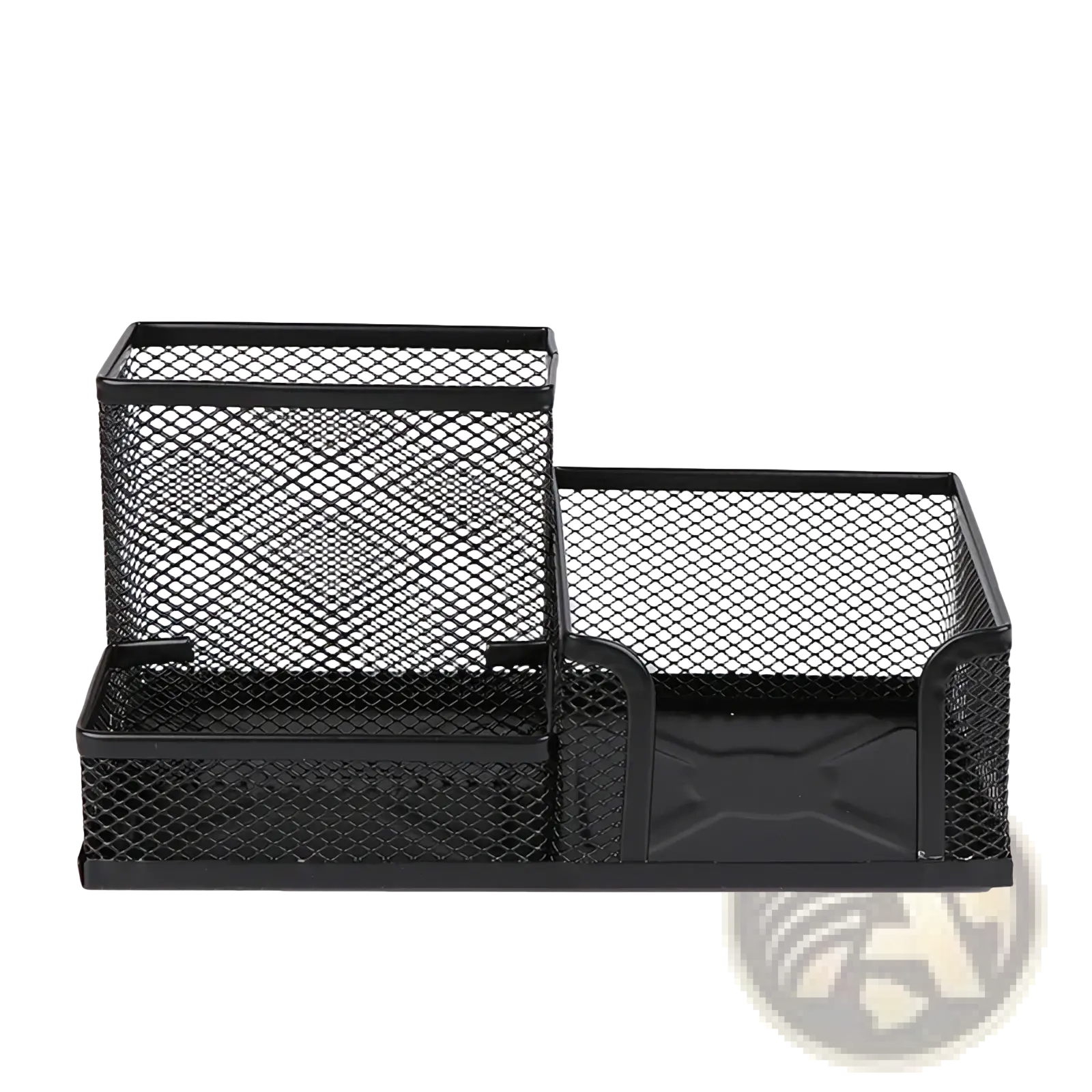 Black mesh metal desk organizer with three compartments for pen and file storage holder