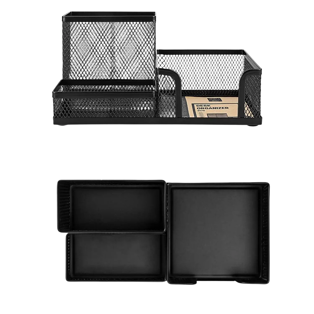 Black mesh desk organizer with rectangular compartments and matching black plastic trays for pencil storage