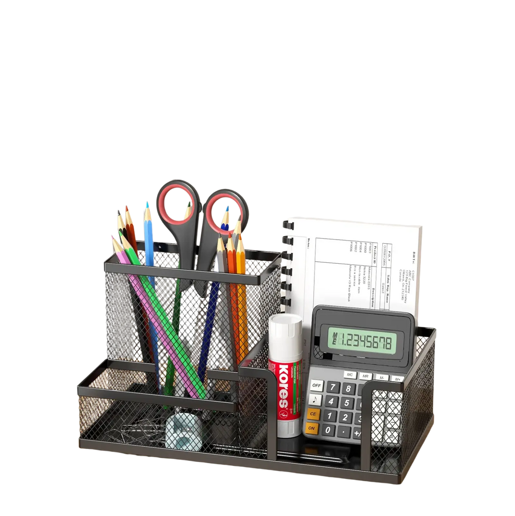Black mesh desk organizer and pencil caddy with multiple compartments holding office supplies and stationery items