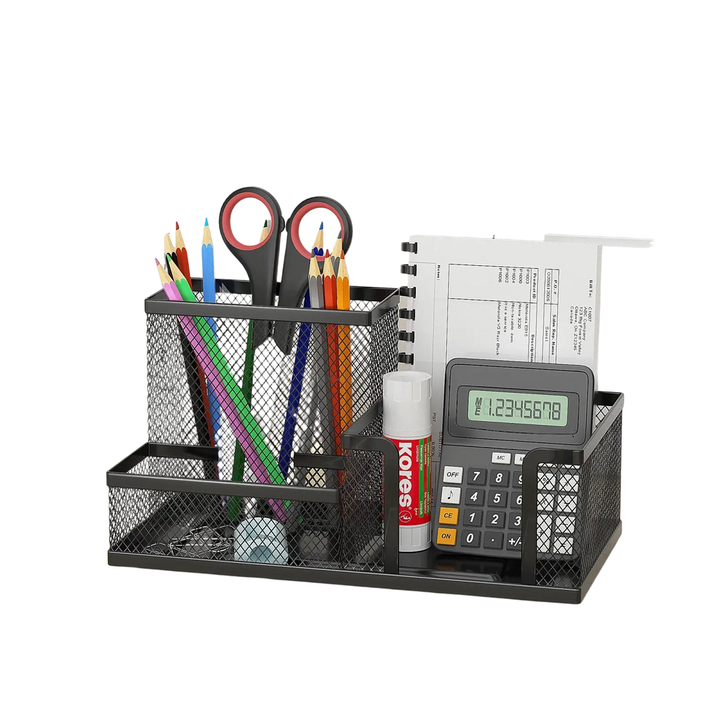 Black mesh desk organizer and pencil caddy with multiple compartments holding scissors pencils calculator and glue stick