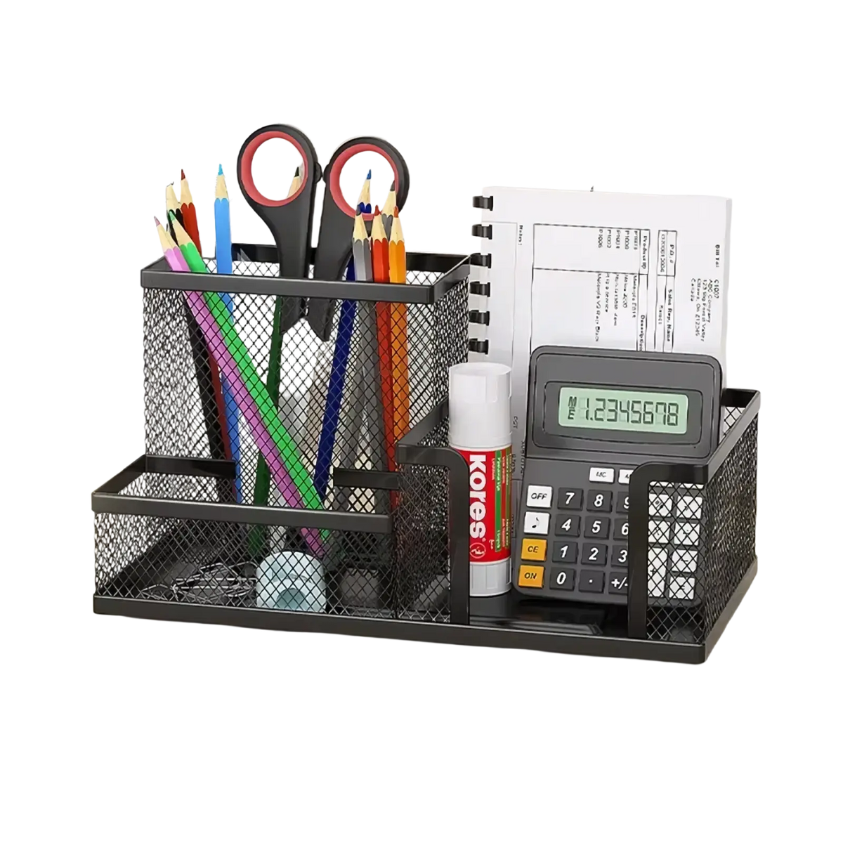 Black mesh desk organizer with multiple compartments holding pencils scissors and a calculator for office use