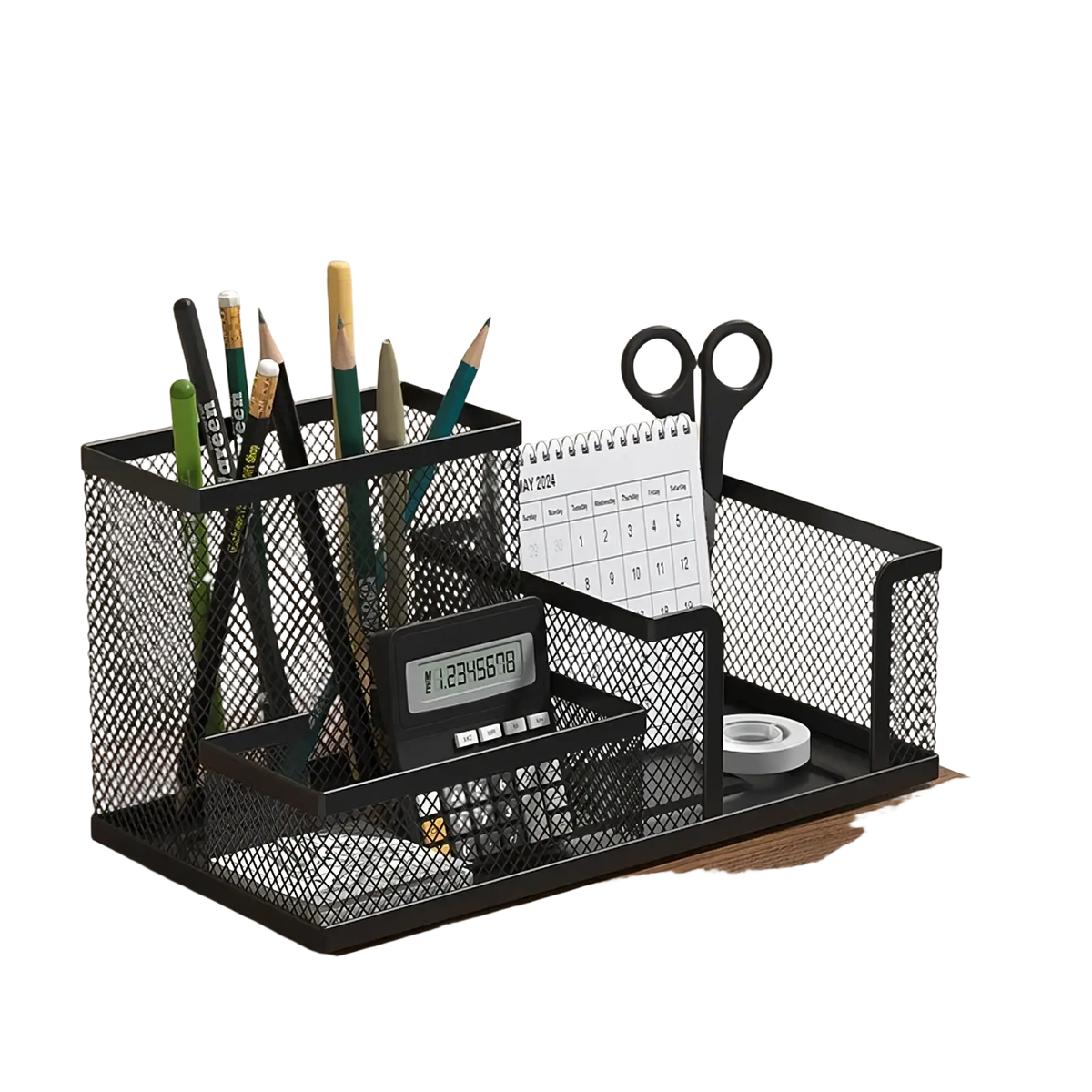 Black mesh metal pen holder with multiple compartments for desk organization and pencil storage