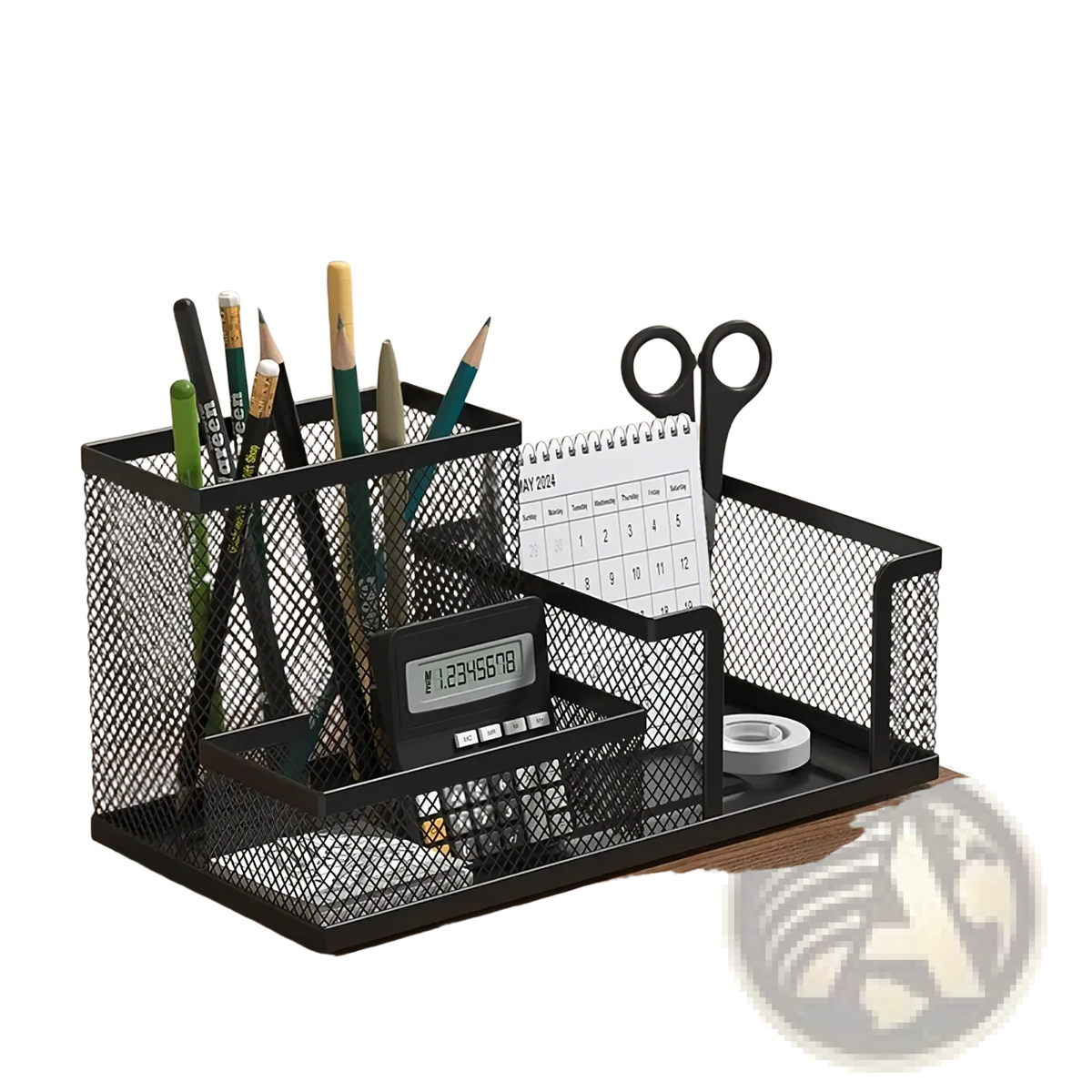 Black mesh metal pen holder with multiple compartments for desk organization and pencil storage