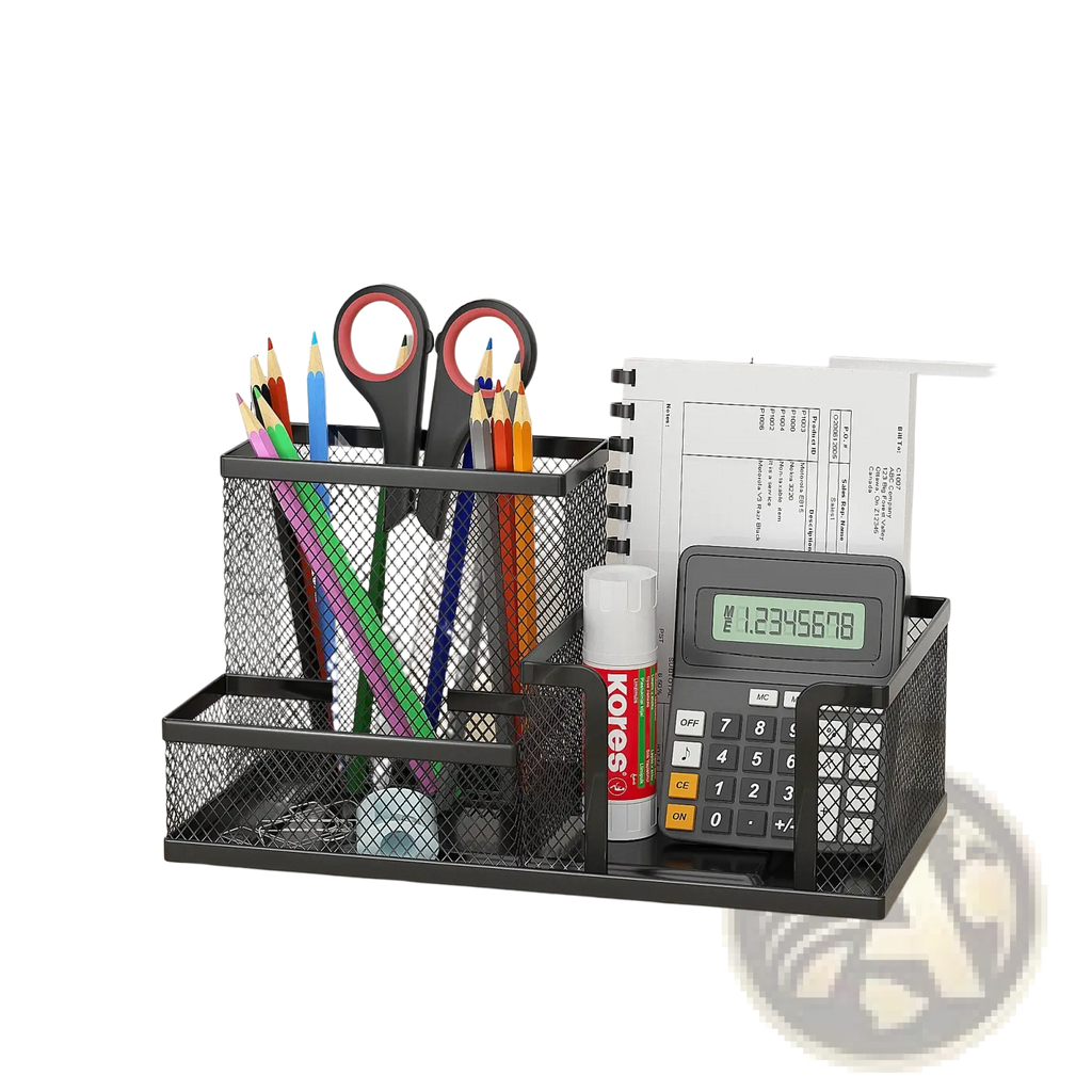 Black mesh desk organizer and pencil caddy with multiple compartments holding scissors pencils calculator and glue stick