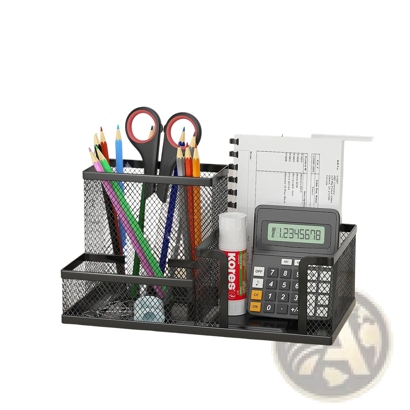 Black mesh desk organizer and pencil caddy with multiple compartments holding scissors pencils calculator and glue stick