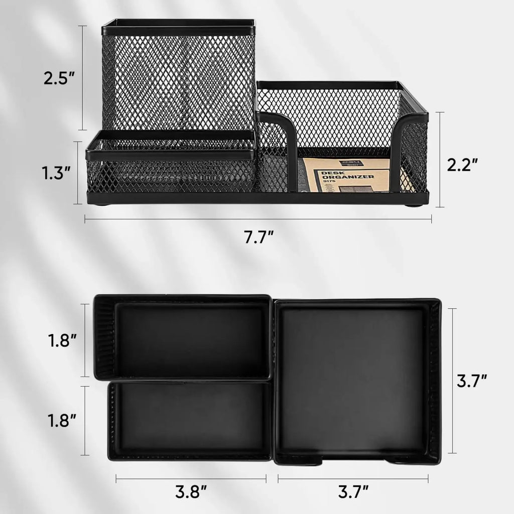 Black mesh desk organizer with rectangular compartments and matching black plastic trays for pencil storage