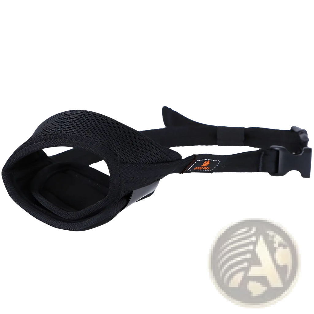 Black mesh dog muzzle with adjustable strap and buckle for large dogs providing secure and comfortable fit